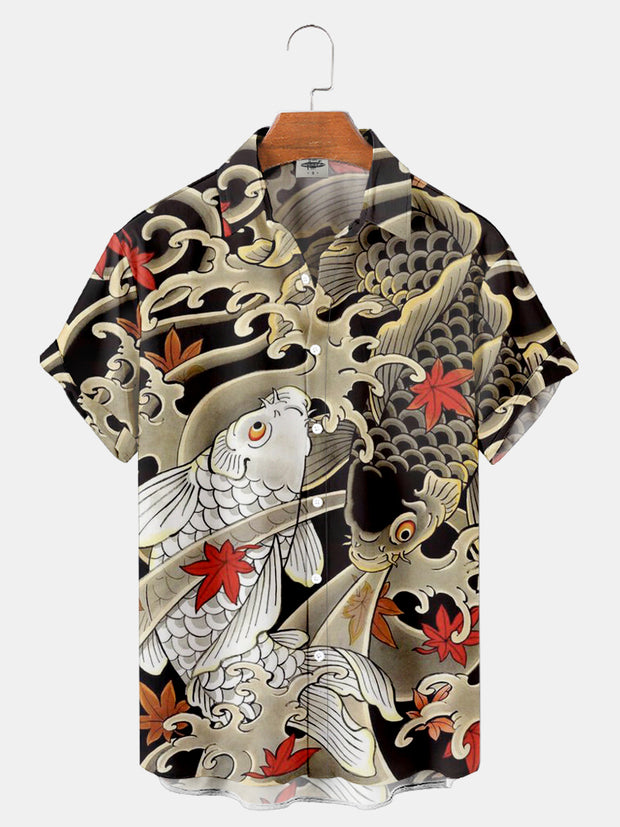 Fydude Men'S Ukiyo-E Sea Wave Maple Leaf And Koi Carp Printed Shirt