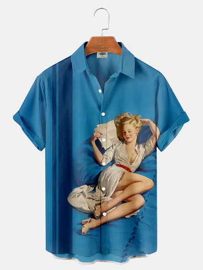 Fydude Men's Vintage Pictorial Pin up Girl Printed Shirt