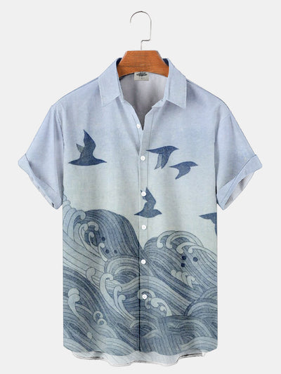 Fydude Men'S Ukiyo-E Ocean Waves And Seagulls Printed Shirt