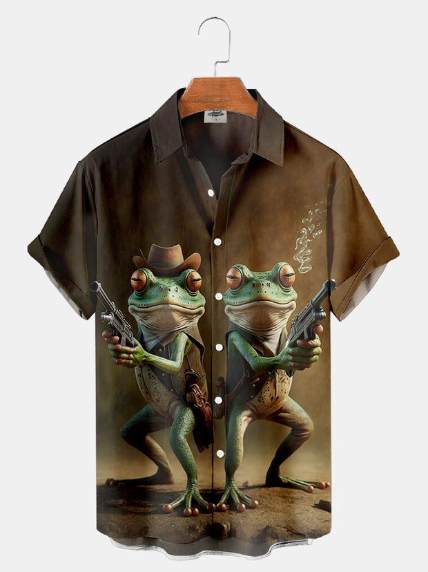 Fydude Men'S Western Cowboy Frog Print Shirt