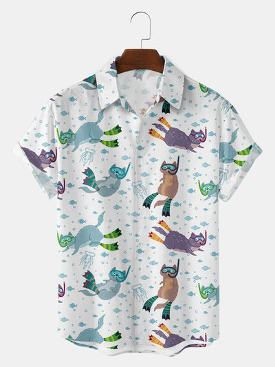 Men'S Cats Surrounded By Fishes And Jellyfishes Print Shirts