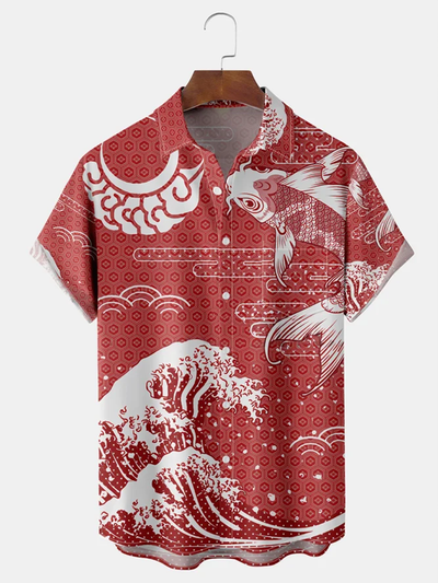 Fydude Japanese Ukiyo-e Koi Chest Pocket Short Sleeve Hawaiian Shirt