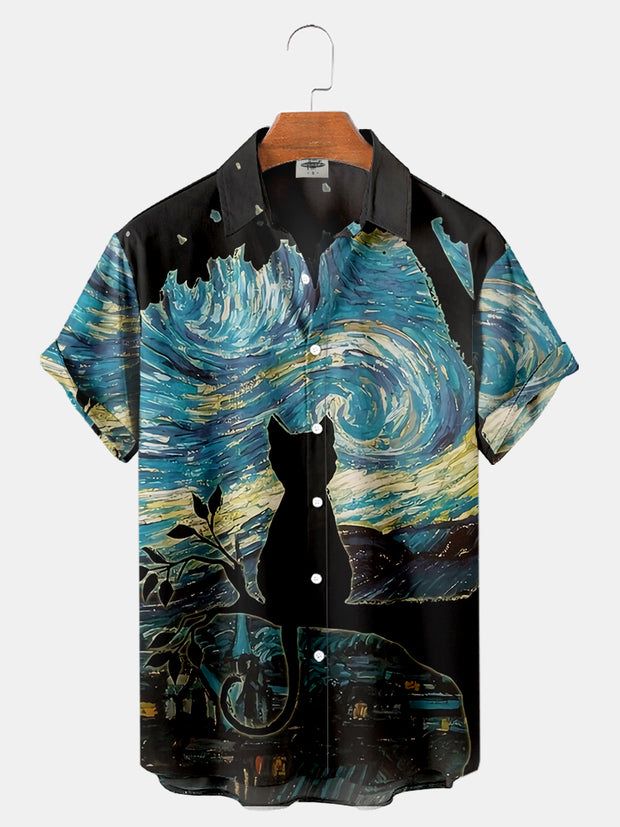 Men's Starry Night Cats Print Regular Sleeve Shirt