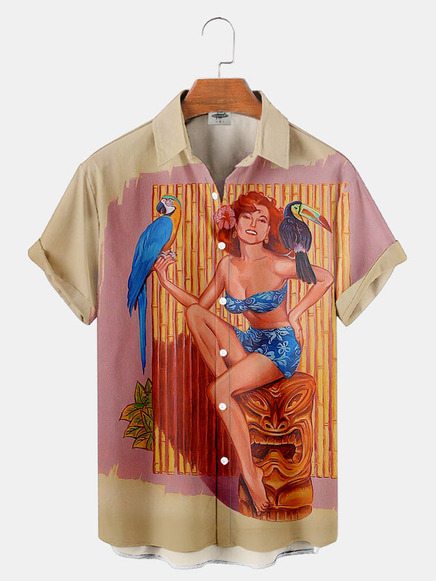 Fydude Men'S Vintage Hawaiian Girl And TIKI Printed Shirt