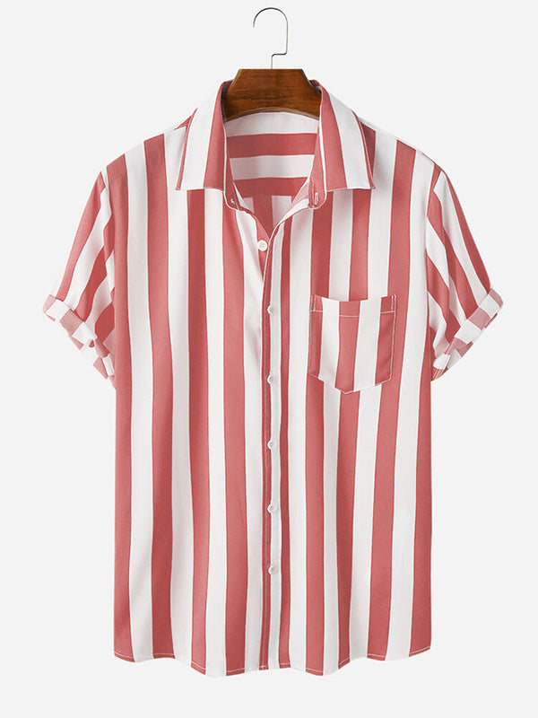 Men Casual Striped Turn-down Collar Short Sleeve Shirt