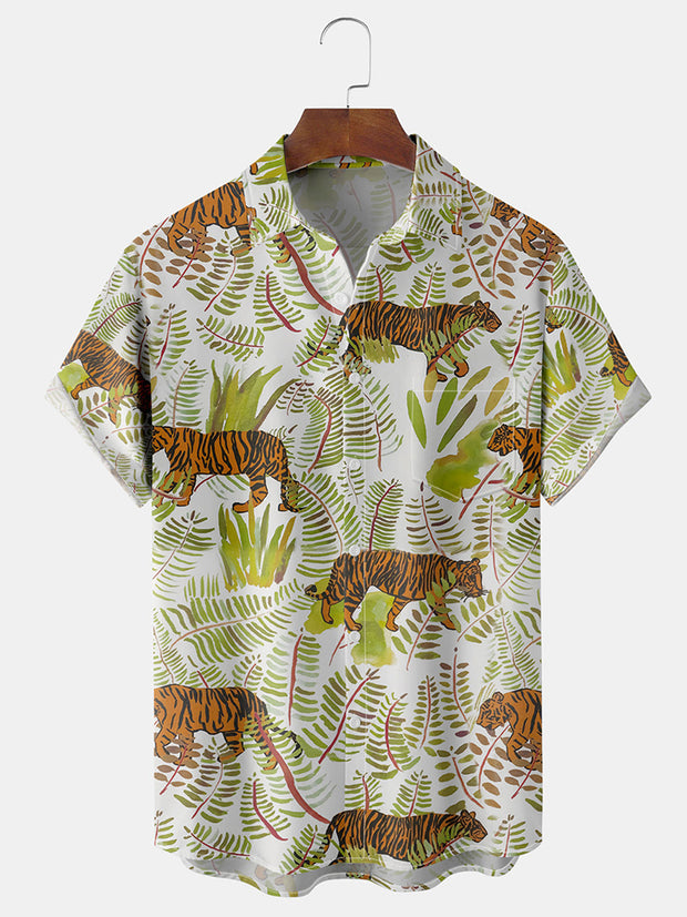 Fydude Men'S Hawaii Island Leaf Tiger Printed Shirt