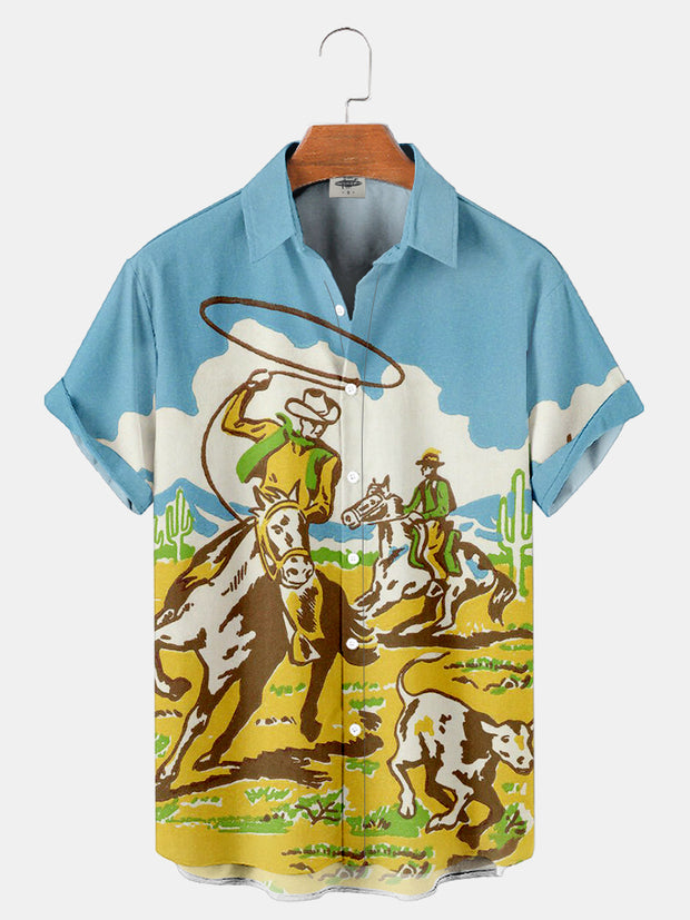 Fydude Men'S West Cowboy Print Shirt