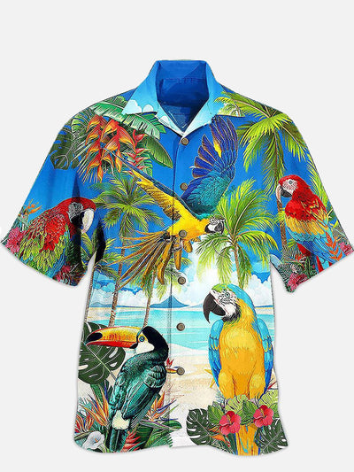 Fydude Men'S Hawaiian Plant Parrot Printed Shirt