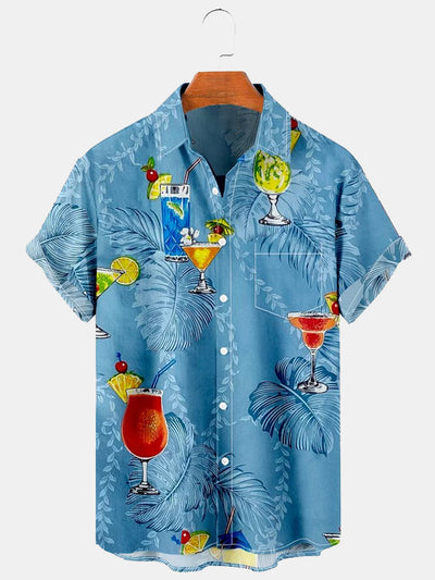 Fydude Cocktail Tropical Floral Vacation Beach Hawaii Anti-Wrinkle Shirt