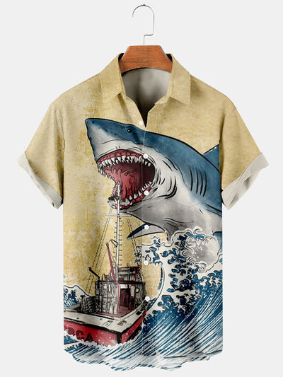 Fydude Men'S Ukiyo-E Shark And Boat Printed Shirt