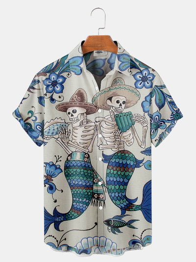 Men'S Skeleton Mermaid Music Print Shirt