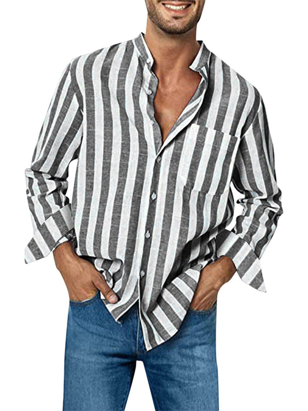 Men's Cotton Linen Stripe Long Sleeve Shirt
