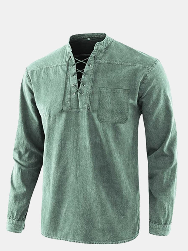 Fydude Men'S Solid Color Long Sleeve Tie Vintage Stand Collar Shirt