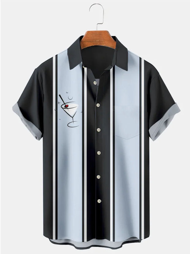Fydude Black Vintage Cocktail Print Chest Pocket Bowling Shirt