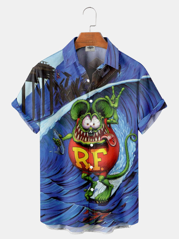 Fydude Men'S Fun Surfing and Cute RF Mouse Hot Rod RAT FINK Printed Shirt