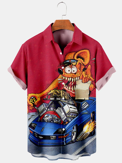 Fydude Men'S Fun Hot Rod Rat Fink Motorbike And Cute Mouse Printed Shirt
