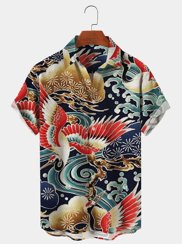 Fydude Men's Oriental Japanese Sea Waves and Cranes Printed Shirt