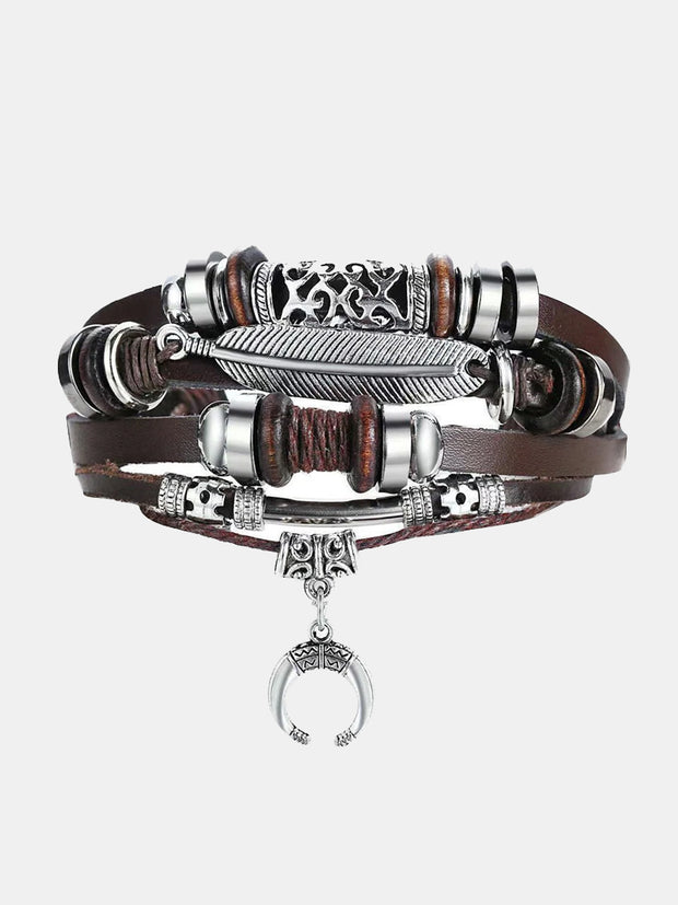 Vintage Alloy Feather Leaf Crescent Bracelet