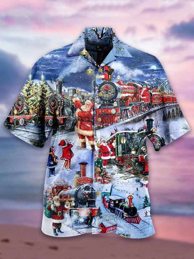 Fydude Christmas Train Shirts Mens Santa Claus Shirts Festival Short Sleeve