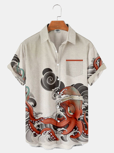 Fydude Men'S Ukiyoe octopus Print Shirt