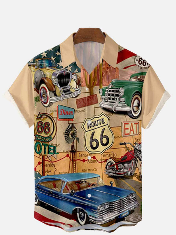 Men'S Route 66 Car Printed Short Sleeve Shirt
