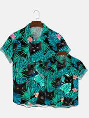 Tropical Plant And Cat Print Family Shirt