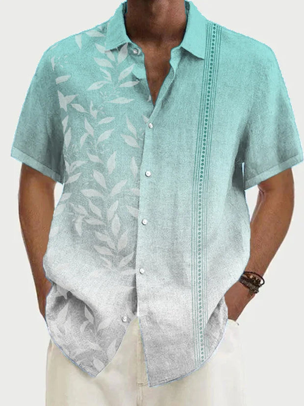 Fydude Men'S Leaf Print Cotton Linen Shirt
