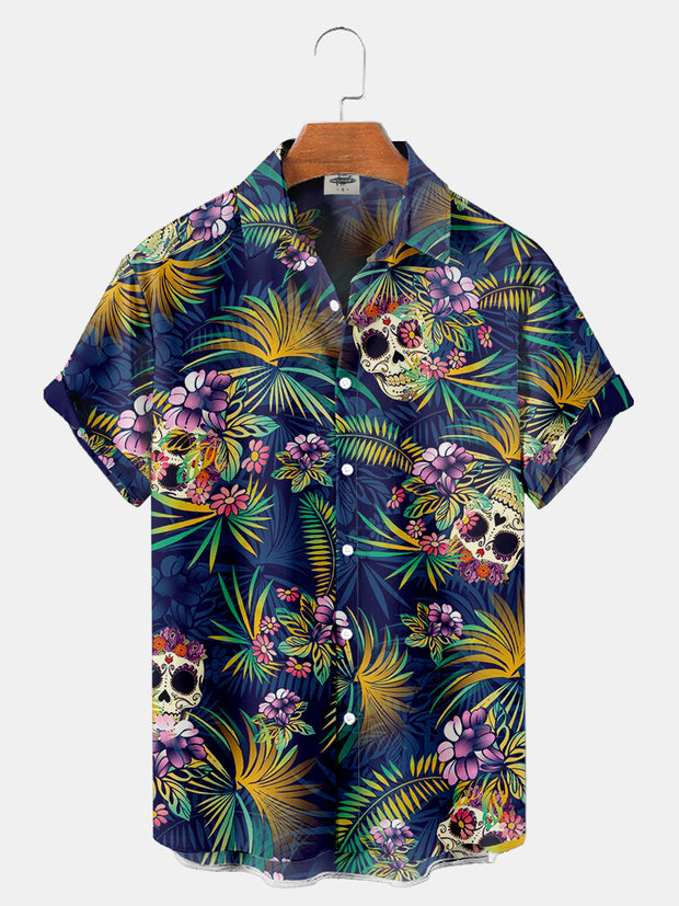 Men'S Skeleton Hawaiian Tropical Plant Print Shirt