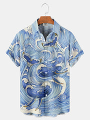 Fydude Men'S Waves And Whales Printed Shirt