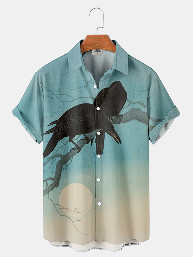 Fydude Men'S Ukiyo-E Crow On A Branch Printed Shirt