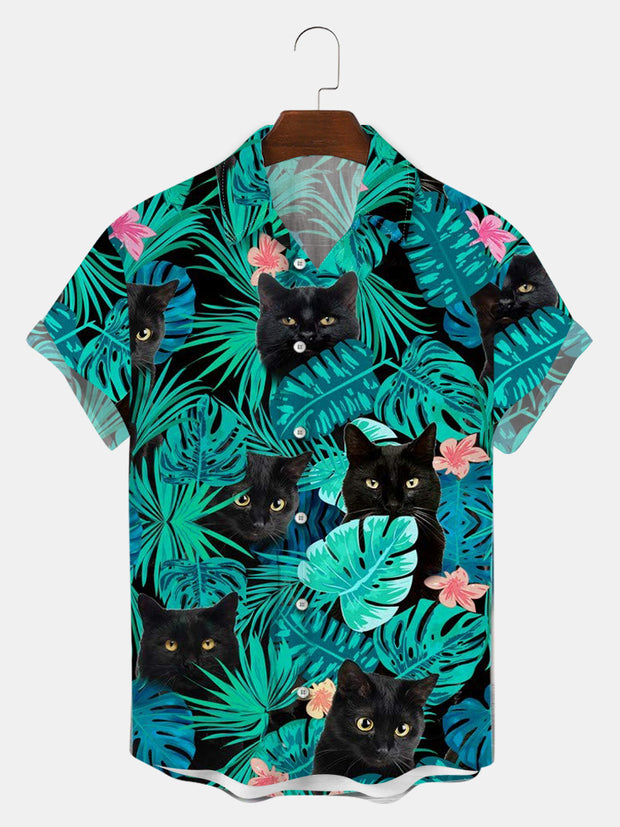 Tropical plants and black cat Hawaii Print Shirt