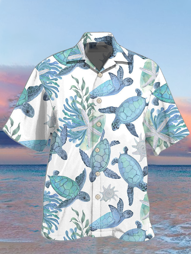 Fydude Men's Sea turtles Print Cuban Collar Shirt