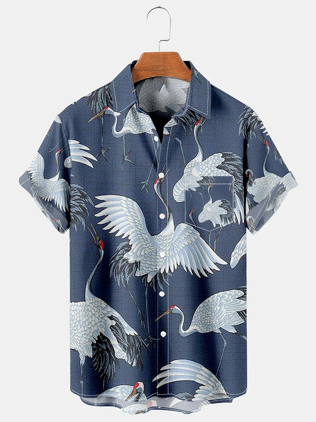 Fydude Men'S Ukiyoe Oriental Crane Printed Shirt