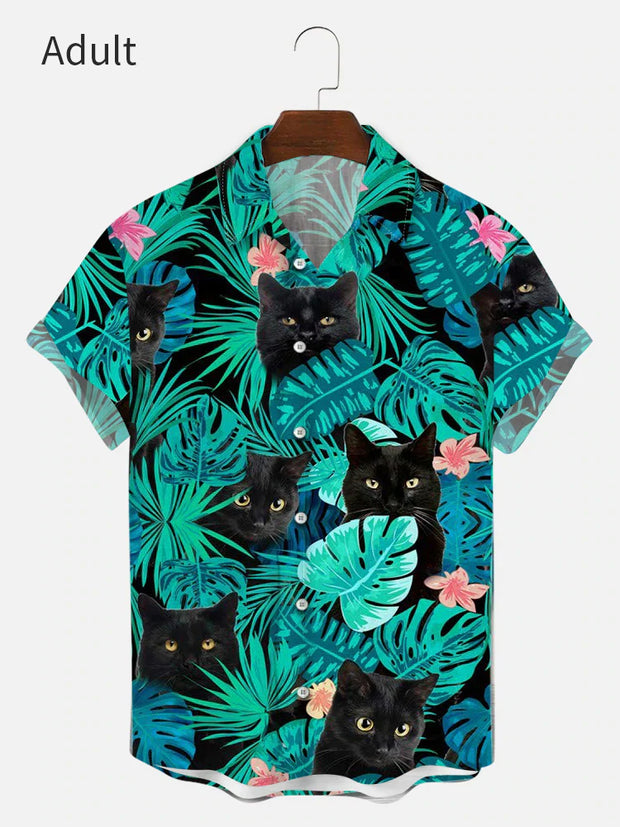 Tropical Plant And Cat Print Family Shirt