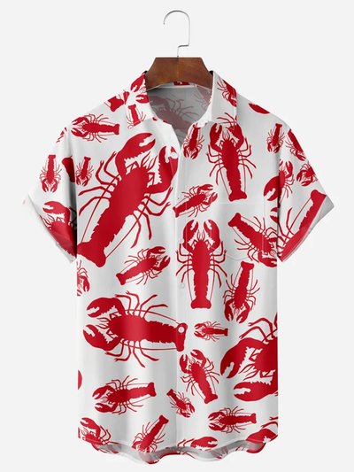 Fydude Lobster Chest Pocket Short Sleeve Hawaiian Shirt