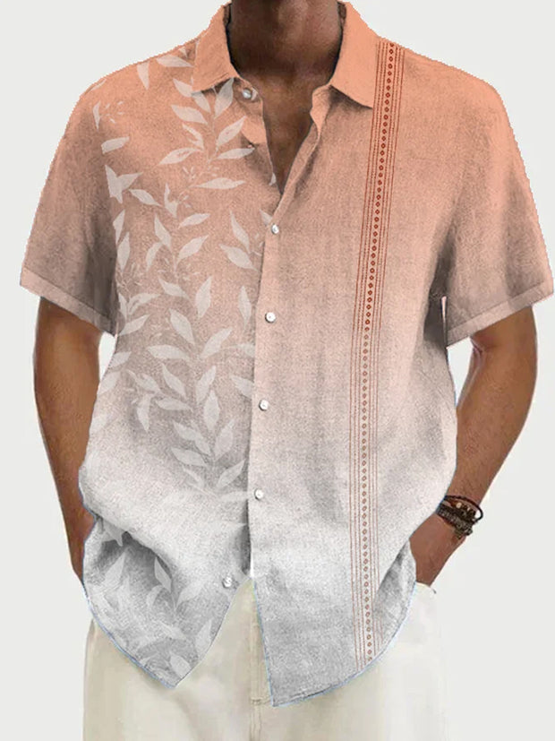 Fydude Men'S Leaf Print Cotton Linen Shirt