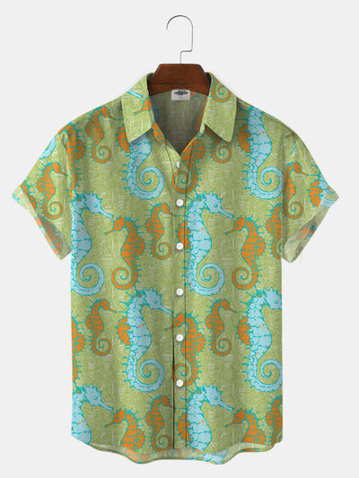 Men'S Hand Drawn Seahorse Print Shirt