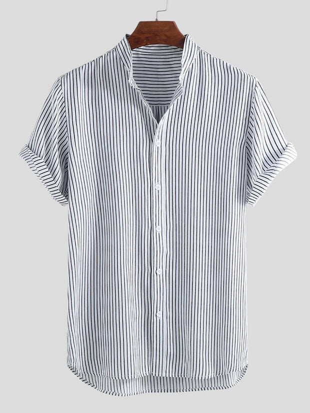 Men's Striped Stand Collar Short Sleeve Shirts