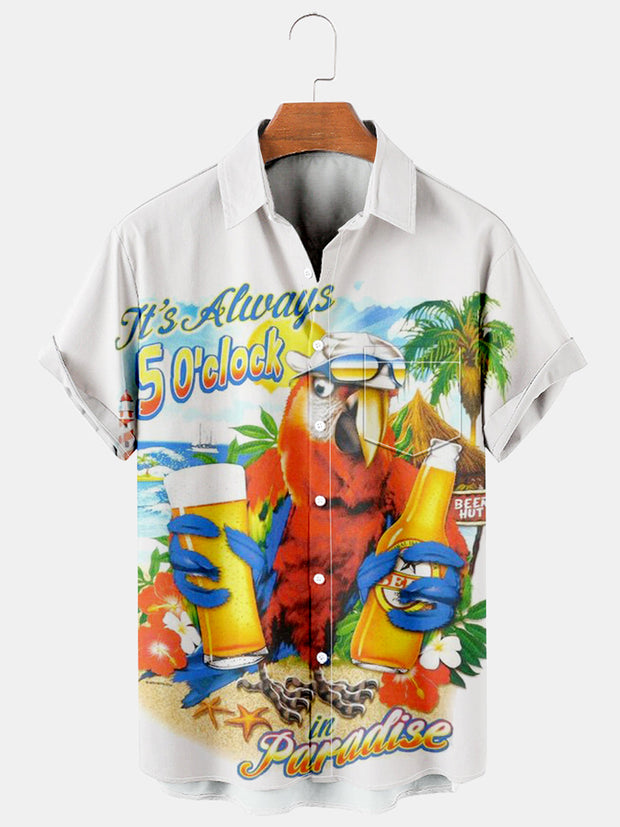 Fydude Men'S It's 5 O'clock Somewhere Parrot & Wine Printed Shirt