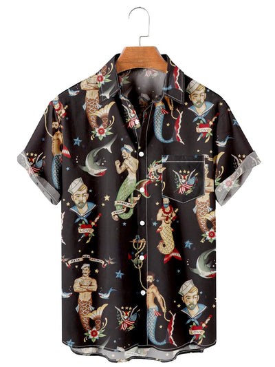 Fydude Men'S Hawaiian Mermaids Print Shirt