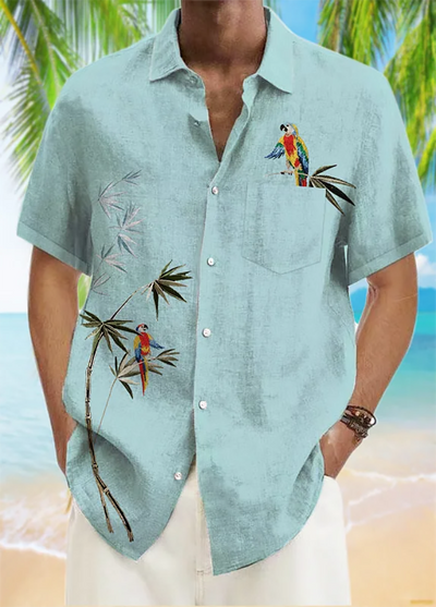 Fydude Men's Simple Hawaiian Bamboo and Parrot Print Short Sleeve Shirt