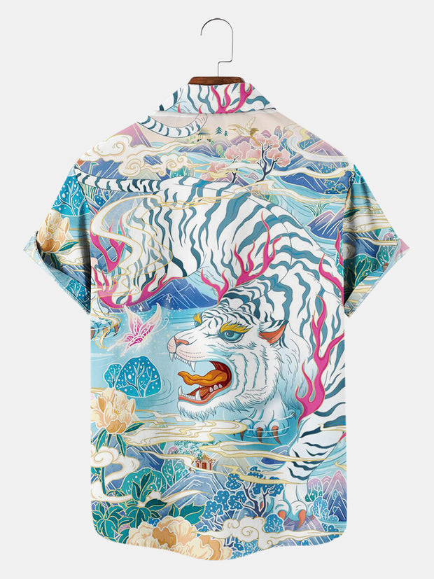 Fydude Men'S Ukiyo-E Oriental Tiger Printed Shirt