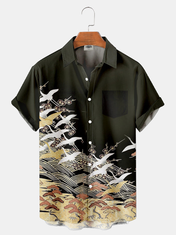 Fydude Men'S Ukiyo-E Waves And Cranes Printed Shirt
