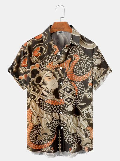 Fydude Men'S Ukiyo-E Oriental Samurai And Snake Printed Shirt