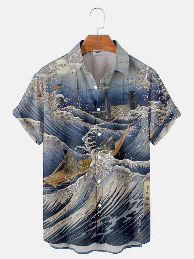 Fydude Men's ukiyo-e marine print shirt