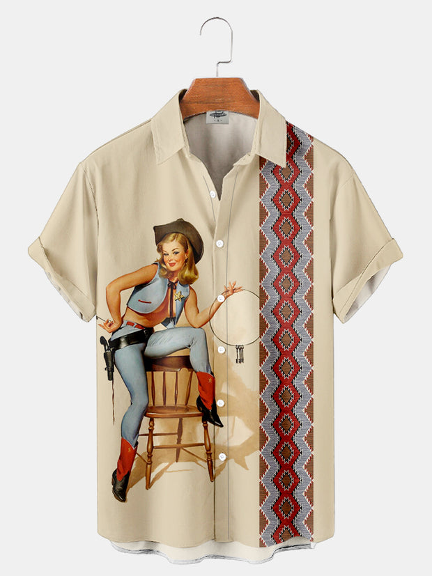 Fydude Men'S Western Cowboy Vintage Pin-Up Girl Print Shirt