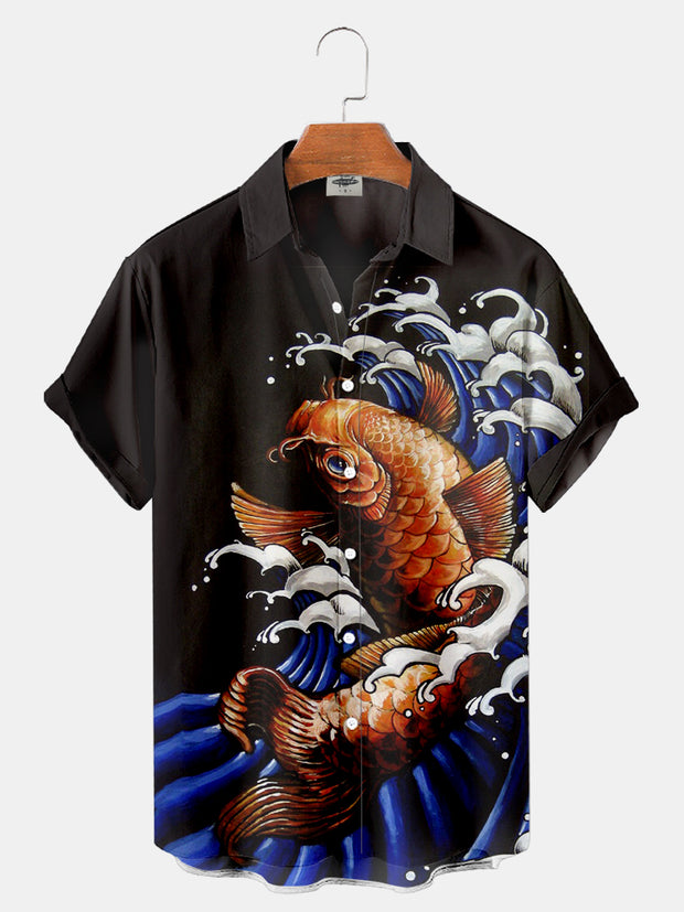 Men'S Wave And Koi Print Shirt