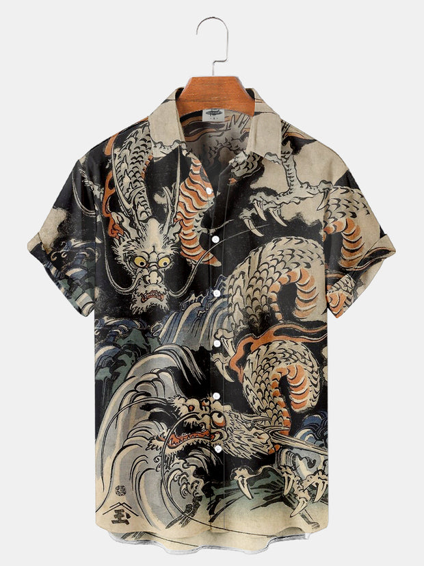 Fydude Men'S Ukiyoe Oriental Dragon Printed Shirt