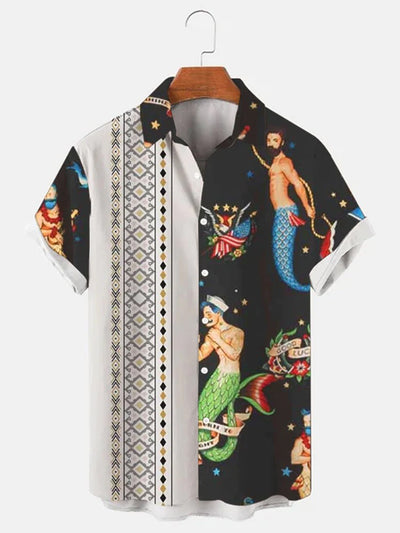 Fydude Men'S Vintage Mermaids Beach Hawaiian Print Shirt