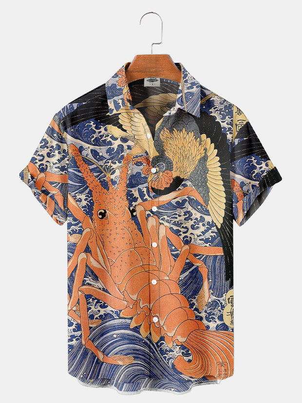 Fydude Men'S Ukiyoe Oriental Lobster Printed Shirt